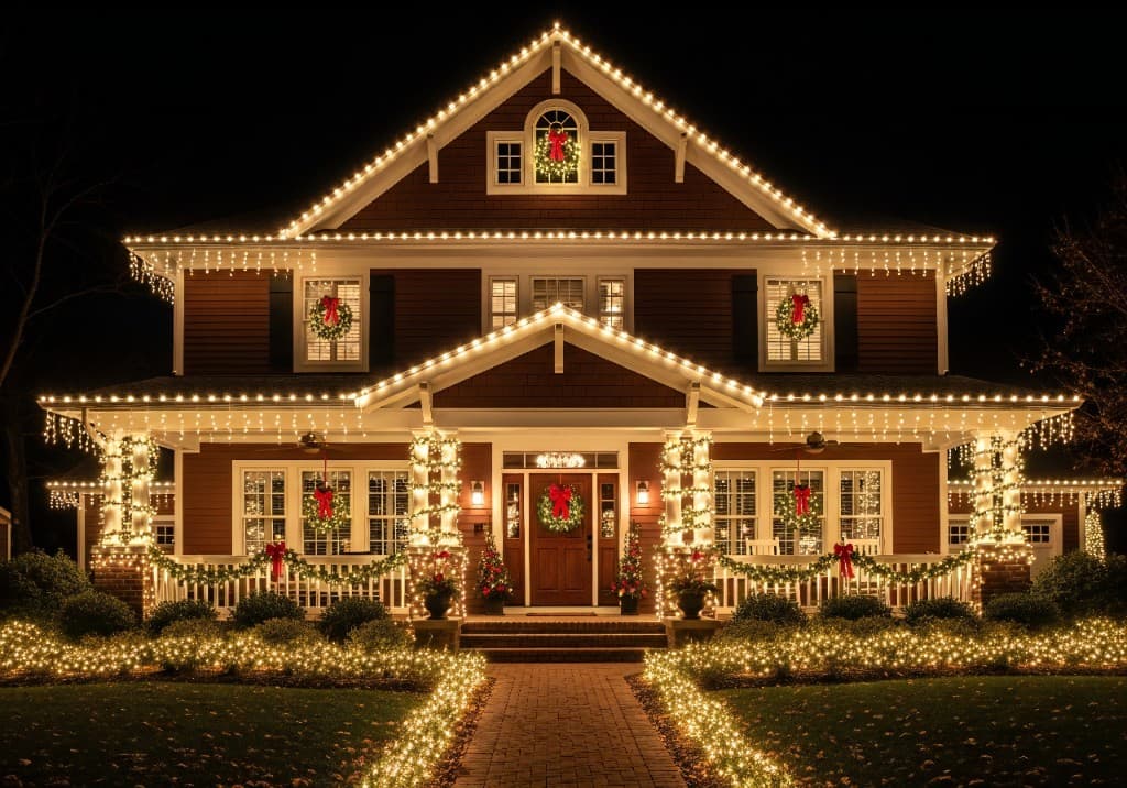 Home decorated with warm white Christmas lights, wreaths, and garland